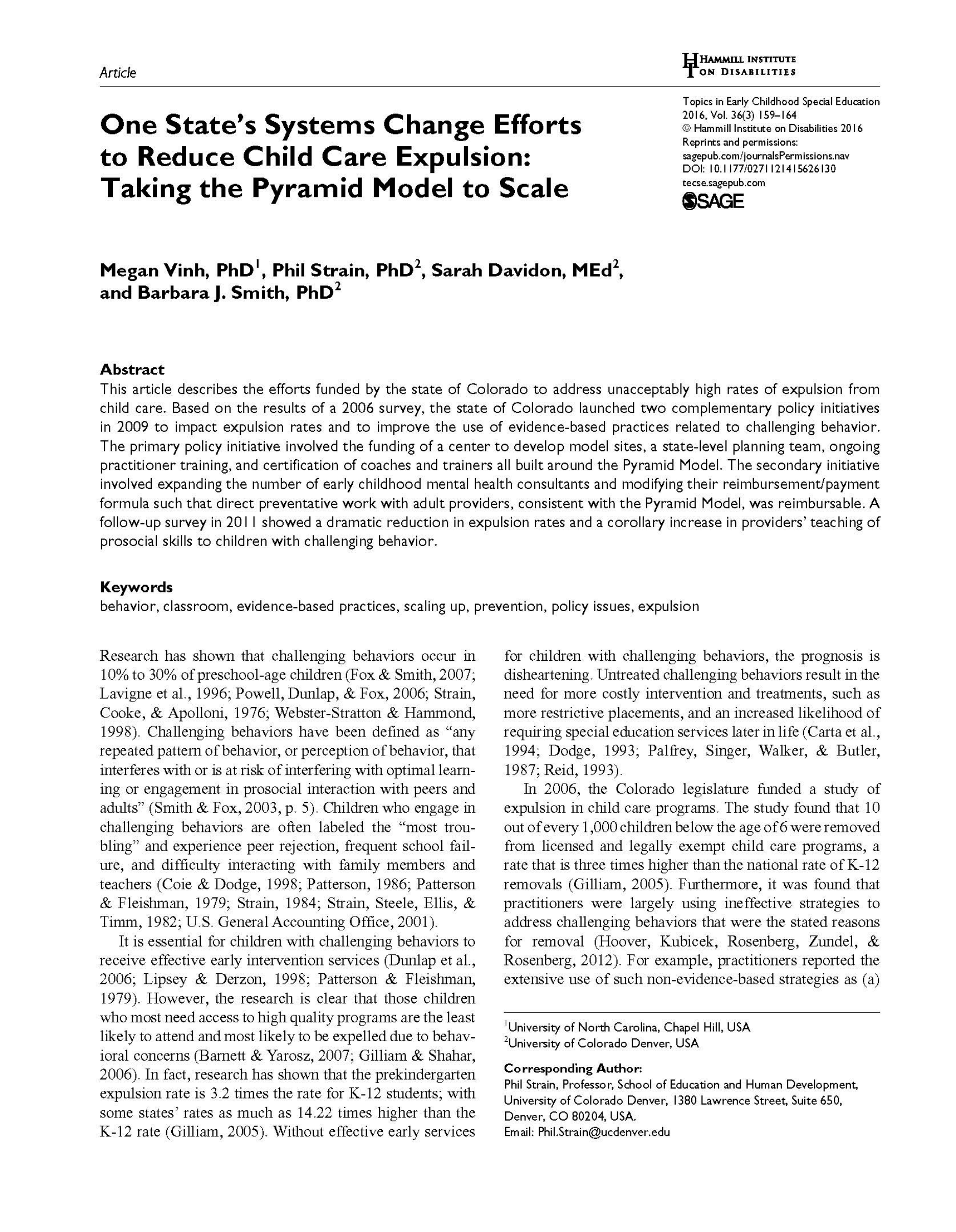 One State's Systems Change Efforts to Reduce Child Care Expulsion: Taking the Pyramid Model to Scale report cover